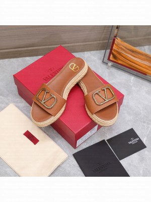 Valentino VLogo Straw Slide Sandals 2022 Collection,Brown