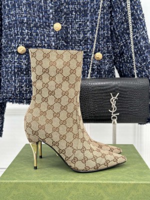 Gucci Metal-Tone Heel Ankle Boots 8.5cm in GG Canvas Beige
