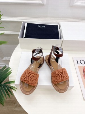 CELINE LYMPIA SANDAL IN TRIOMPHE MACCRAMÉ COTTON & CALFSKIN BROWN