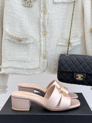 Chanel Grosgrain slides sandals with cc logo light pink