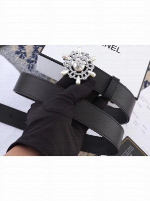 Chanel Width 3cm Crystal and Pearl Flower Buckle Leather Belt Black