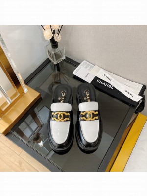Chanel Shiny Calfskin Loafers with Metal CC White/Black