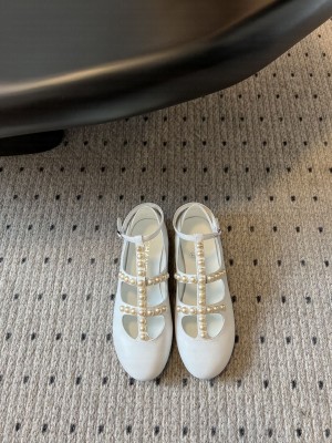 Chanel Pearl T-strap Lambskin Flat Ballet White