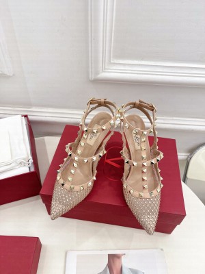 Valentino Garavani Rockstud leather and satin-trimmed crystal-embellished 95mm Sandals Beige