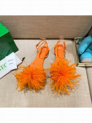 Bottega Veneta FEATHER DOT Leather and ostrich feather flat sandals orange 2021 Collection