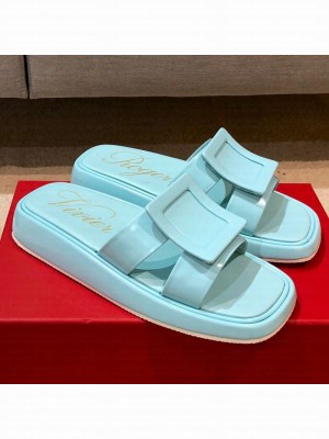 Roger Vivier Leather Flat Vivier Slide Sandals Blue Spring/Summer 2021 Collection