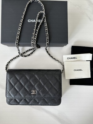 Chanel Caviar Leather & Silver-Tone Metal Wallet On Chain WOC Bag A33814 Black