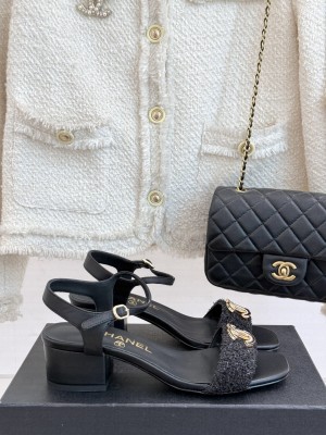 Chanel Lambskin & Tweed CC 5cm Sandals Black 2025 