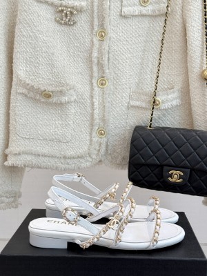 Chanel Lambskin Flat Sandals with Chain Strap white 2025 G45667