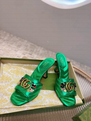 Gucci Calfskin Heel Slide Sandals with Crystal Charm 7.5cm Green 2023
