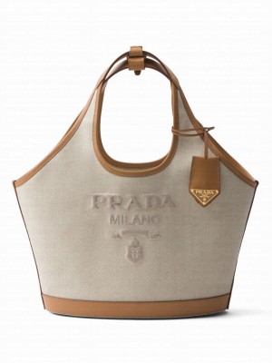Prada Medium Linen Blend And Leather Tote Bag 1BG471 Cream