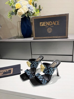 Versace x Fendi Fendace 11cm FF Crystal Slide Sandals 2022 Collection Blue 04