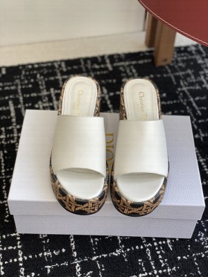 Dior L'Amazone Wedge Slide Calfskin and Natural Graphic Cannage Raffia white