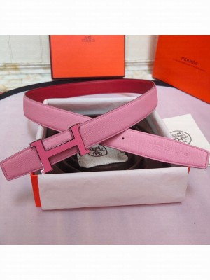 Hermes Leather Reversible Belt 32mm with H Buckle Pink/Silver 2019  Collection