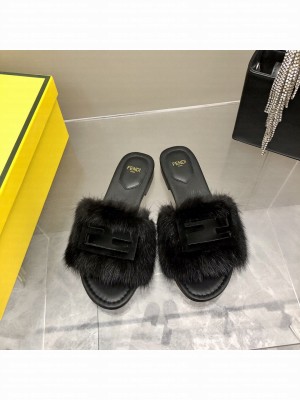 Fendi Signature Brown mink slides Black