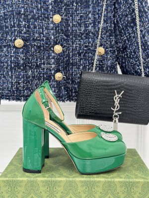 Gucci Patent Leather Platform Pumps 11.5cm with Crystals Double G Green