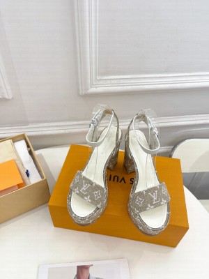 Louis Vuitton Silhouette Sandal 11cm in Leather and Monogram Beige Denim 2023