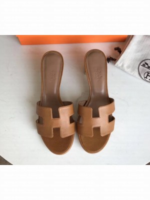 Hermes Heel 5cm Oasis Slipper Sandals in epsom Leather camel/brown
