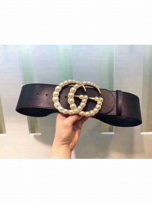 Gucci Wide Belt Pearl Embellished Double G Calfskin Leather Fall/Winter 2017 Collection, Black