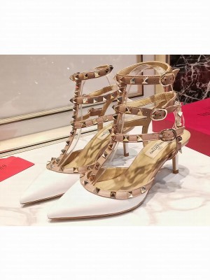 Valentino Heel 9.5cm Rockstud Caged Ankle Strap Pumps in Patent Leather White