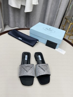 Prada Satin Flat slides sandals With Cryscals 2022 Collection Silver