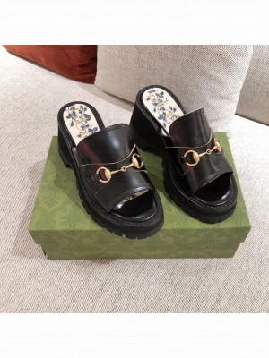 Gucci Leather Mid-heel Slide Sandal with Horsebit Black 2021 06 Collection