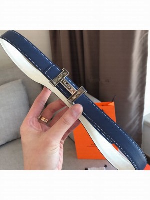 Hermes Mini Constance Belt buckle & Reversible Leather Strap 24 mm Blue/White 2019 Collection
