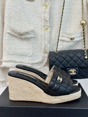 Chanel Quilted Lambskin Wedge Slides Sandal 8cm Black 2024 