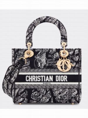 Dior MEDIUM LADY D-LITE BAG Black and White Plan de Paris Embroidery M0565OOMP