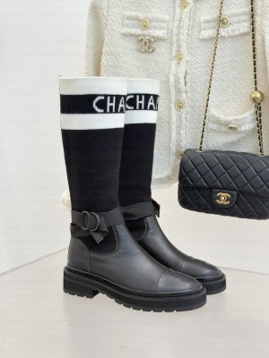Chanel Knitted & Calfskin boots black