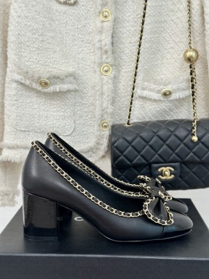 Chanel Women's 6.5cm Heel Chain Around And Bow Lambskin Leather Pumps Black 