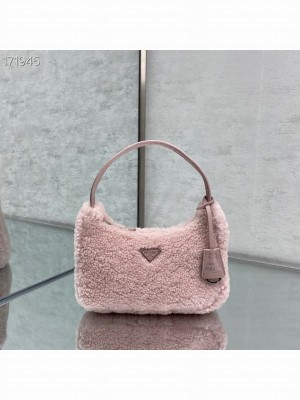 Prada Shearling Fur Hobo Bag 22cm 6620 Nylon Leather Cruise 2021 Collection, Light Pink
