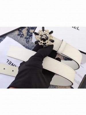Chanel Width 3cm Crystal and Pearl Flower Buckle Leather Belt White