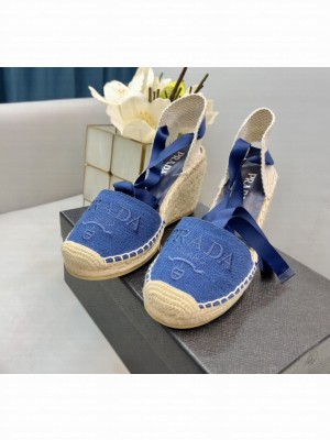 Prada Linen Logo 8cm Embroidered Wedge Espadrilles  2022 Collection Blue