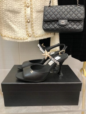Chanel Lambskin  with Pearl and Star Charm 8cm Black Sandals Spring 2022 Collection