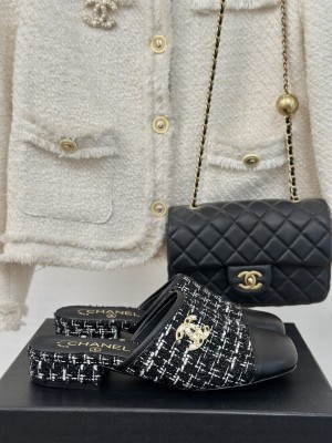 Chanel Tweed & Calfskin Flat Mule Black 2024
