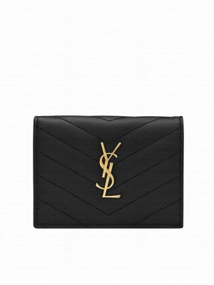Saint Laurent Monogram Compact Tri Fold In Grain De Poudre Embossed Leather Black
