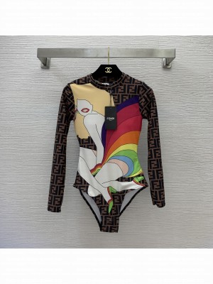Fendi Rainbow Girl Print  high elasticity Swimsuit Surfwear 2022 Collection 060