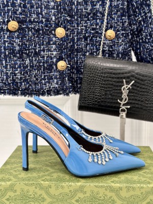 Gucci Women's Blue Patent Leather 12cm Rhinestone Chain Pumps 