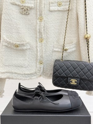 Chanel Lambskin & Grosgrain Mary Janes Ballet Flats with Lace-up Black 2025 G46324
