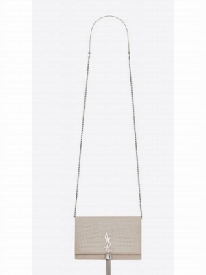 Yves Saint Laurent KATE CHAIN WALLET WITH TASSEL IN CROCODILE-EMBOSSED SHINY LEATHER 452159B WHITE