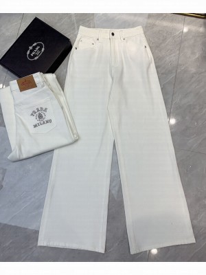 Prada Women's Washed Cotton Wide Leg Pants White