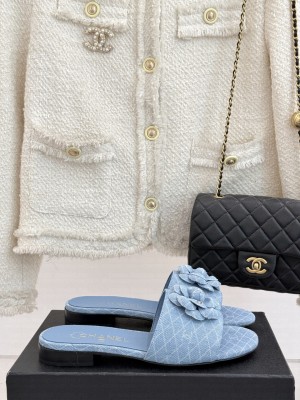 Chanel Quilted Denim Flat Slides Sandal with Camellia Light Blue 2025