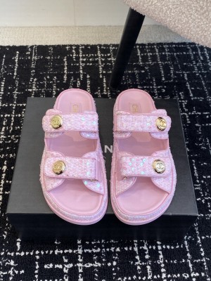 Chanel Tweed Velcro Dad Slide Sandals Denim Multicolor 2025