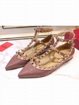 Valentino Rockstud Caged Ankle Strap Ballet Flats Ballerinas in Patent Leather Dusty Pink