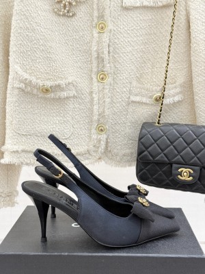 Chanel Camellia Bowknot Silk Slingback Sandals blue 2025 