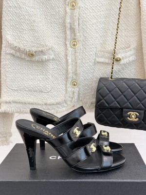 Chanel Lambskin Heel Sandals 8cm with CC Straps Black 2025 
