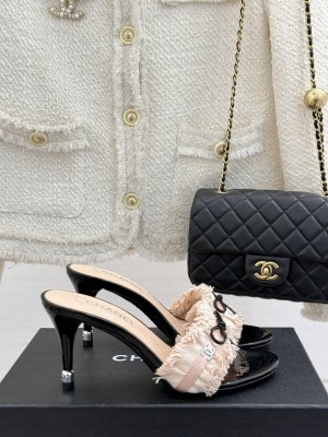 Chanel Beige Fabric Trim Bow Slide Sandals heel 8cm 2025 pink