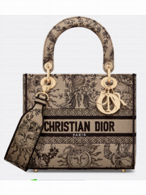 Medium Lady D-Lite Bag Beige and Black Toile de Jouy Soleil Embroidery M0565O