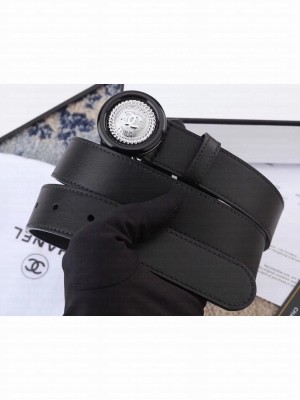 Chanel Width 3cm Button Round Buckle Leather Belt Black